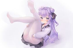 1girl absurdres ass azur_lane black_ribbon black_skirt blush double_bun feet hair_bun hair_ornament hairclip hand_on_own_ass hand_on_own_thigh highres humooooo kneepits knees_together_feet_apart leaning_back legs long_hair no_shoes panties panties_under_pantyhose pantyhose pleated_skirt purple_eyes purple_hair purple_shirt ribbon school_uniform serafuku shirt sitting skirt soles solo thighs toes underwear unicorn_(azur_lane) white_panties white_pantyhose