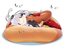 1girl :t antenna_hair black_dress black_footwear black_jacket blush braid chibi closed_mouth commentary dress eating female_focus food food_on_face food_on_head hair_between_eyes hair_ornament headphones headset holding holding_food in_food jacket ketchup kizuna_akari long_hair long_sleeves lying milkpanda mini_person minigirl object_on_head on_back orange_pantyhose pantyhose puffy_long_sleeves puffy_sleeves shadow shoe_soles silver_hair solid_oval_eyes solo striped_clothes striped_pantyhose translated twin_braids vertical-striped_clothes vertical-striped_pantyhose voiceroid wavy_mouth white_background
