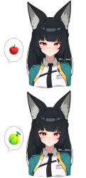1girl angry animal_ear_fluff animal_ears apple aqua_jacket black_hair black_necktie blush closed_mouth collared_shirt commentary food fox_ears fox_girl fruit highres hoshimi_miyabi id_card jacket looking_at_viewer necktie open_clothes open_jacket red_eyes shirt simple_background smile speech_bubble twitter_username watermelon white_background white_shirt xsan_vanny zenless_zone_zero