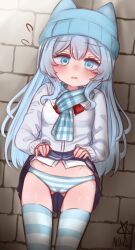 1girl absurdres beanie blue_eyes blue_hair blue_panties blue_scarf blue_skirt blue_thighhighs breasts clothes_lift commentary_request commission hat highres lifting_own_clothes loli long_hair long_sleeves miniskirt ndawjaidee open_mouth paid_reward_available panties plaid_clothes plaid_scarf roblox scarf shirt skirt skirt_lift small_breasts solo striped_clothes striped_panties striped_thighhighs thighhighs underwear white_shirt