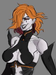 1girl arms_at_sides black_leotard black_lips breasts cleavage cleavage_cutout clothing_cutout colored_skin commentary desn earrings elbow_gloves english_commentary evil_grin evil_smile fire_emblem fire_emblem:_three_houses fire_emblem_warriors:_three_hopes gloves goth_fashion grin hair_over_one_eye highres intelligent_systems jewelry kronya_(fire_emblem) large_breasts leotard navel_cutout nintendo orange_hair pale_skin red_eyes short_hair sideboob signature smile tagme underboob upper_body white_skin