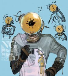 ! 1boy ? ^^^ black_gloves blue_background ferrofluid fishbowl_helmet gloves hand_on_own_hip hand_up highres holding holding_paper id_card jumpsuit male_focus moon8_8sun multiple_views object_head paper paper_roll puff_of_air reverse:1999 twitter_username ulrich_(reverse:1999) watermark white_jumpsuit x