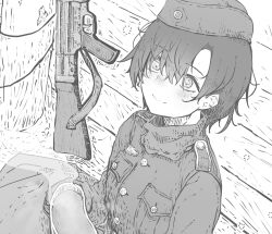 1girl against_wall assault_rifle blush drink fog german_clothes gun gun_sling hair_between_eyes hat highres hot_drink messy_hair military military_hat military_uniform monochrome on_floor original rifle scarf shichisaburo short_hair sitting smile solo stg44 trench war weapon world_war_ii
