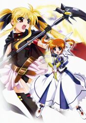 2girls bardiche_(axe_form)_(nanoha) bardiche_(nanoha) black_cape black_leotard black_ribbon black_thighhighs blue_eyes cape chest_belt commentary covered_navel crossed_belts dress fate_testarossa fate_testarossa_(movie_1st_form) full_body gluteal_fold hair_ribbon higa_yukari highres holding holding_staff leotard long_dress long_hair long_sleeves looking_at_viewer lyrical_nanoha mahou_shoujo_lyrical_nanoha mahou_shoujo_lyrical_nanoha_the_movie_1st multiple_girls open_mouth orange_eyes orange_hair raising_heart raising_heart_(device_mode)_(1st) red_cape ribbon showgirl_skirt staff takamachi_nanoha takamachi_nanoha_(movie_1st_mode) thighhighs two-sided_cape two-sided_fabric watermark white_dress white_ribbon