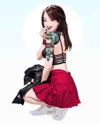 1girl absurdres arm_tattoo black_hair bracelet brown_eyes earrings full_body hand_up highres jacket unworn_jacket jewelry long_hair original parted_lips red_skirt skirt smile solo squatting tattoo white_background white_footwear wonbin_lee