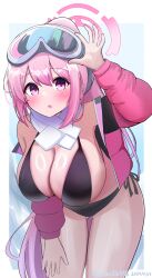 1girl absurdres adjusting_goggles arm_up bikini black_bikini blue_archive breasts commentary_request cowboy_shot dated eimi_(blue_archive) eimi_(swimsuit)_(blue_archive) gluteal_fold goggles goggles_on_head h1kaziro4916 halo hand_on_own_thigh highres jacket large_breasts leaning_forward long_hair long_sleeves looking_at_viewer official_alternate_costume open_clothes open_jacket outdoors pink_eyes pink_hair pink_halo pink_jacket ponytail scarf side-tie_bikini_bottom sidelocks ski_goggles solo swimsuit twitter_username white_scarf