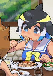 2girls armpit_crease bare_arms bare_shoulders black_hair blue_dress blue_eyes blue_hair bow bowl bowtie brown_ribbon chair cherry_tomato clam clenched_hand collarbone commentary_request common_dolphin_(kemono_friends) cup dhole_(kemono_friends) dorsal_fin dot_nose dress drink drinking_glass eating eyelashes facing_away fins food food_in_mouth food_on_face fork from_behind from_side gloves hair_between_eyes hand_up hands_up head_fins highres holding holding_fork indoors kemono_friends kemono_friends_3 lettuce light_brown_hair multicolored_hair multiple_girls noodles pasta plate ribbon rinx sailor_collar sailor_dress salad short_hair shrimp sleeveless sleeveless_dress solo_focus soup spaghetti steam stone_wall table tareme tomato tree upper_body wall water white_gloves white_sailor_collar window yellow_bow yellow_neckwear