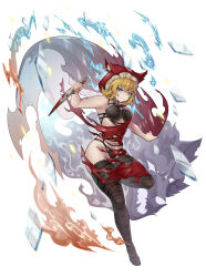 1girl absurdres animal_hood black_bra black_panties black_souls black_thighhighs blonde_hair blood bloody_knife blue_eyes bra cape closed_mouth fur-trimmed_hood fur_trim highres holding holding_knife hood hood_up knife panties red_cape red_hood_(black_souls) short_hair solo thighhighs torn_clothes underwear underwear_only wide_shot zhuang_yu_pizza