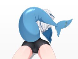 1girl absurdres animal_costume animal_hood ass ass_focus bike_shorts blue_eyes blue_hair blue_hoodie clothes_lift commentary crotch_seam dated_commentary fins fish_tail from_behind gawr_gura gawr_gura_(1st_costume) grey_hair hair_ornament highres hololive hololive_english hood hoodie long_hair mingkozus multicolored_hair shark_costume shark_girl shark_hood shark_tail solo streaked_hair tail two_side_up virtual_youtuber white_background