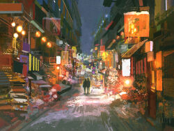 2others alley atmospheric_perspective building bush city dkaism entrance fairy_lights from_behind full_body lamppost lantern multiple_others night original painterly paper_lantern scenery sign silhouette stairs tree