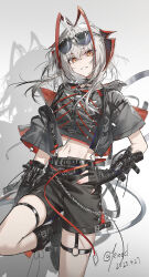 1girl absurdres antennae arknights black_boots black_jacket black_shorts boots crop_top eyewear_on_head fingerless_gloves gloves grey_hair grin hand_on_own_hip highres jacket kieed midriff orange_eyes red_nails shorts smile solo standing standing_on_one_leg w_(arknights)