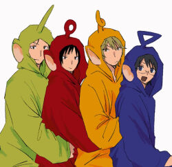4boys arms_around_waist black_hair blonde_hair brown_eyes brown_hair commentary cosplay dipsy dipsy_(cosplay) durarara!! from_side frown glasses heiwajima_shizuo holding hood hood_up kadota_kyouhei kishitani_shinra laa-laa laa-laa_(cosplay) looking_at_viewer male_focus multiple_boys onesie open_mouth orihara_izaya po_(teletubby) po_(teletubby)_(cosplay) short_hair smile standing teletubbies tinky_winky tinky_winky_(cosplay) user_vtnn2833 white_background yellow_eyes