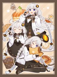 Rule 34 | 1girl, :d, ;), ahoge, binchou maguro, black dress, black gloves, black pantyhose, black shoes, blush, border, braid, brown background, brown border, closed mouth, collared shirt, commentary request, contrast collar, cupcake, donut, dress, food, fork, gloves, grey hair, hair ornament, hand on own face, high heels, highres, holding, holding fork, hugging object, jacket, kizuna akari, long hair, long sleeves, looking at viewer, multiple views, nail polish, one eye closed, open clothes, open jacket, open mouth, orange nails, outline, pancake, pantyhose, partially fingerless gloves, pillow, pillow hug, purple eyes, shirt, shoes, smile, star (symbol), striped background, twin braids, vocaloid, voiceroid, white jacket, white outline, white shirt