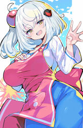 Rule 34 | apron, blue skirt, blush, bombergirl, breasts, cowboy shot, dutch angle, explosion, hair ornament, hand on own chest, highres, jewelry, large breasts, omochishiki, open mouth, pink apron, ring, shiroe (bombergirl), shirt, side ponytail, skirt, sphere hair ornament, striped clothes, striped shirt, vertical-striped clothes, vertical-striped shirt, waving, wedding ring, white hair, white shirt, yellow eyes