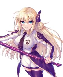 Rule 34 | 1girl, black necktie, black thighhighs, blonde hair, blush, breasts, closed mouth, duel monster, green eyes, hair between eyes, hair ornament, highres, holding, holding sword, holding weapon, large breasts, long hair, long sleeves, looking at viewer, necktie, pink nails, simple background, sky striker ace - raye, smile, solo, sword, takkayuuki, thick thighs, thighhighs, thighs, weapon, white background, yu-gi-oh!, zettai ryouiki