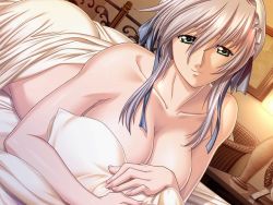 1girl aqua_eyes bed_sheet blonde_hair breasts dutch_angle female_focus game_cg indoors large_breasts long_hair looking_at_viewer lycoris_radiata official_art riko_squirrel-lycoris_radiata- smile solo yokota_mamoru yui_(lycoris_radiata)