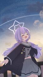 1girl absurdres against_railing ahoge blue_archive blue_hair blue_sky closed_eyes cloud commentary gradient_sky hair_ornament halo highres holding jacket long_hair long_sleeves low_twintails multicolored_hair navel neckerchief open_mouth orange_sky pink_hair pleated_skirt railing reisa_(blue_archive) sailor_collar scenery school_uniform serafuku skirt sky smile star_(symbol) star_hair_ornament twintails two-tone_hair user_uecy3552