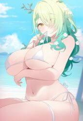 1girl alternate_costume artist_name bikini blue_sky blush breasts ceres_fauna cleavage cloud cloudy_sky day deyui fanbox_logo green_hair hair_branch hair_over_one_eye highres hololive hololive_english large_breasts long_hair looking_at_viewer micro_bikini mole mole_under_eye mouth_hold navel ocean patreon_logo side-tie_bikini_bottom sky solo swimsuit untied_bikini_top virtual_youtuber white_bikini yellow_eyes