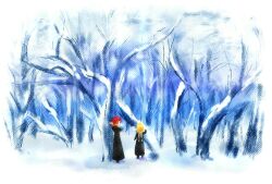 2boys arm_up axel_(kingdom_hearts) bare_tree black_coat black_coat_(kingdom_hearts) blonde_hair blue_sky breath coat commentary_request crossed_arms day full_body kingdom_hearts male_focus medium_hair multiple_boys outdoors red_hair roxas scarf short_hair sky snow spiked_hair standing tree white_scarf winter yubon