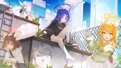 Rule 34 | 4girls, animal ear fluff, animal ears, ayu (user xkhp7843), black halo, black shirt, blue archive, blue eyes, blue hair, blue halo, blue sky, brown eyes, brown hair, cat ears, cat girl, day, fox ears, fox girl, hairband, halo, highres, hood, hoodie, izuna (blue archive), long hair, looking at viewer, mari (blue archive), mechanical halo, miyako (blue archive), multiple girls, open mouth, orange hair, pink halo, plant, potted plant, shirt, sitting, sky, socks, standing, white hair, white hairband, white hoodie, white socks, yellow halo, yuuka (blue archive)