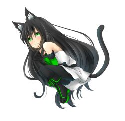 Rule 34 | 1girl, alchemist (ragnarok online), animal ears, black boots, black hair, black pantyhose, blush, boots, cat ears, cat girl, cat tail, closed mouth, commentary request, crying, crying with eyes open, detached sleeves, dress, fold-over boots, frown, full body, green eyes, green sleeves, long hair, looking at viewer, meiko (nattu303), no cape, pantyhose, ragnarok online, simple background, solo, strapless, strapless dress, tail, tears, very long hair, white background, white dress