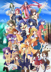 Rule 34 | 00s, 1boy, 6+girls, ahoge, air (visual novel), alcohol, antenna hair, arms up, back-to-back, steamed bun, bell, black hair, black pantyhose, black socks, black thighhighs, blonde hair, blue eyes, blue hair, boar, boots, botan (clannad), bottle, bow, brown hair, bubble, cat, clannad, closed eyes, cloud, company connection, cross, cross necklace, day, dog, drinking straw, everyone, food, forest, frog, fujibayashi kyou, fujibayashi ryou, furukawa nagisa, green eyes, green hair, hair bell, hair bobbles, hair bow, hair intakes, hair ornament, hair ribbon, hairband, ibuki fuuko, ichinose kotomi, japanese clothes, jewelry, kamio haruko, kamio misuzu, kannabi no mikoto, kanon, kawasumi mai, keropii, key (company), kirishima hijiri, kirishima kano, kunisaki yukito, kurata sayuri, long hair, michiru (air), minase nayuki, misaka kaori, misaka shiori, mittens, miyazawa yukine, multiple girls, nashigo, nature, necklace, ocean, open mouth, orange hair, outstretched arm, pajamas, panties, pantyhose, pantyshot, piro, ponytail, poster (medium), potato (air), purple hair, red eyes, red hair, ribbon, road, rosary, rubbing eyes, sakagami tomoyo, sake, sawatari makoto, scalpel, school uniform, shaded face, short hair, siblings, silver hair, sisters, sitting, sky, sleepy, smile, snow, socks, stole, street, stuffed animal, stuffed toy, sweatdrop, thighhighs, toono minagi, tsukimiya ayu, twins, twintails, underwear, uraha, uraha (air), v, white legwear, wings, yellow eyes