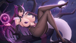 1girl absurdres animal_ears ass bird black_hair black_pantyhose black_shoes blue_eyes breasts claw_ring convenient_censoring crow detached_sleeves finger_to_mouth full_body full_moon gold_trim high_heels highres huge_breasts indie_virtual_youtuber kitsune large_tail long_hair looking_at_viewer lying magic mizugaiya moon night night_sky on_back original pantyhose purple_hair shoes sitting_on_branch sky solo stiletto_heels tail tongue tongue_out ultra-13 very_long_hair virtual_youtuber white_tail