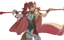 1girl absurdres armor bare_shoulders bodysuit breastplate breasts collar commentary cowboy_shot hairband highres holding holding_polearm holding_weapon large_breasts liro looking_to_the_side lupa_(wuthering_waves) metal_collar metal_hairband open_mouth orange_eyes polearm red_hair simple_background smile solo tail twintails two-handed weapon weapon_across_shoulders white_background white_bodysuit wolf_tail wrist_guards wuthering_waves