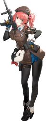 1girl ankle_boots arm_pouch bear_charm belt_pouch beret black_boots black_gloves black_pantyhose blue_necktie boots brown_coat brown_hat buttons cheeta_(girls&#039;_frontline_2) coat coat_dress collared_shirt dress full_body girls&#039;_frontline girls&#039;_frontline_2:_exilium gloves gun h&amp;k_mp7 hand_on_own_hip hand_up hat high_heels highres holding holding_gun holding_weapon layered_sleeves long_hair long_sleeves looking_at_viewer mp7_(girls&#039;_frontline) necktie nuanpapa official_art one_side_up pantyhose pouch red_hair shirt short_dress short_sleeves solo standing submachine_gun transparent_background weapon white_shirt yellow_eyes