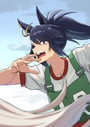 2girls absurdres black_eyes black_hair blacky_ale_(umamusume) blue_sky blurry blurry_foreground cloud cloudy_sky commentary_request day depth_of_field ear_piercing gym_shirt highres long_hair looking_at_another multiple_girls oguri_cap_(umamusume) out_of_frame outdoors partial_commentary piercing ponytail psd_available race_bib reibun_(raven1119) running sharp_teeth shirt short_sleeves sky solo solo_focus sweat t-shirt teeth tracen_training_uniform umamusume umamusume:_cinderella_gray
