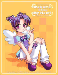 2004 aqua_dress blush checkered_background commentary_request dated dated_commentary dress dress_ribbon english_text fairy fairy_wings flower flower_hairtie hair_intakes hair_ribbon knees_together_feet_apart korean_commentary lace lace-trimmed_dress lace-trimmed_leg_warmers lace_trim leg_warmers lowres nape nymph nymphclub off-shoulder_dress off_shoulder orange_background pink_flower pleated_dress popcorn_kang purple_eyes purple_hair purple_ribbon purple_shoes ribbon shadow shoes short_twintails sitting twintails white_leg_warmers white_wings wings