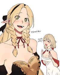 2girls absurdres bare_shoulders black_ribbon blonde_hair blush braid breasts cleavage collar collarbone detached_sleeves dungeon_meshi earrings falin_touden feathers green_eyes hair_ribbon highres jewelry large_breasts looking_at_viewer marcille_donato medium_breasts medium_hair multiple_girls own_hands_clasped own_hands_together pointy_ears red_ribbon ribbon simple_background smile tareme translation_request ttal_ttal twin_braids white_background