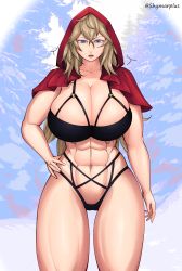 1girl abs absurdres artist_name blonde_hair blue_eyes breasts cleavage collarbone grimm_(red_hood) hand_on_own_hip highres hood huge_breasts long_hair muscular muscular_female navel red_hood_(kawaguchi) shymarplus solo stomach thick_thighs thighs