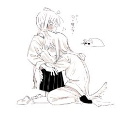2girls ahoge animal_ears blush bocchi_the_rock! closed_eyes closed_mouth commentary_request d3g_takahashi dog_ears dog_girl dog_tail flying_sweatdrops gotoh_hitori gotoh_hitori_(tsuchinoko) greyscale hand_on_another&#039;s_neck hug ijichi_nijika kemonomimi_mode monochrome multiple_girls pants pleated_skirt school_uniform shimokitazawa_high_school_uniform shirt side_ponytail skirt tail translation_request yuri