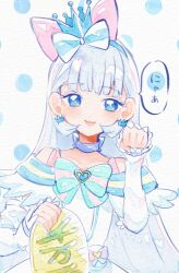 Rule 34 | 1girl, aqua bow, aqua bowtie, bag bow, bare shoulders, blue bow, blue bowtie, blue brooch, blue choker, blue crown, blue eyes, blue hairband, blue sleeves, blunt bangs, bow, bow choker, bowtie, brooch, choker, clenched hand, clothing cutout, cowboy shot, crown, crown earrings, cure nyammy, dress, earrings, eyelashes, feather-trimmed sleeves, frilled arm warmers, grey hair, hair bow, hairband, heart, heart brooch, holding, holding sign, itomugi-kun, jewelry, large bow, long hair, magical girl, mini crown, multicolored bow, nekoyashiki yuki, open mouth, paw pose, pink bow, polka dot, polka dot background, precure, short sleeves, shoulder cutout, sign, single stripe, smile, solo, speech bubble, straight hair, striped bow, striped bowtie, striped clothes, striped sleeves, traditional media, very long hair, waist bag, white arm warmers, white background, white bag, white bow, white dress, wonderful precure!