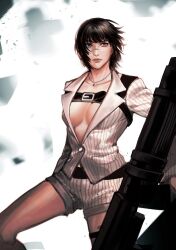 1girl akwo_dmc black_hair breasts devil_may_cry devil_may_cry_(series) devil_may_cry_4 green_eyes heterochromia highres jacket kalina_ann_(weapon) lady_(devil_may_cry) no_bra red_eyes rocket_launcher scar scar_on_face scar_on_nose shorts weapon white_jacket white_shorts