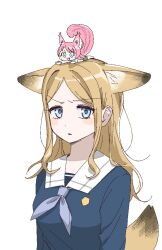 animal_ears bang_dream! bang_dream!_it&#039;s_mygo!!!!! blue_eyes blush brown_hair chihaya_anon closed_mouth fang fox_ears fox_tail grey_eyes haneoka_school_uniform long_hair long_sleeves nagasaki_soyo pink_hair s0y0ring school_uniform tail tsukinomori_school_uniform