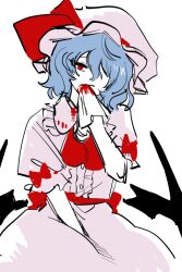 1girl ame_iru bat_wings blue_hair hat highres looking_at_viewer mob_cap one_eye_covered red_eyes remilia_scarlet solo touhou white_background wings wiping_mouth