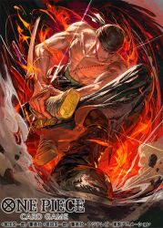 1boy bandana black_pants closed_mouth commentary_request copyright_name egawa_akira fire green_hair haramaki holding holding_sword holding_weapon male_focus official_art one_piece one_piece_card_game pants roronoa_zoro smoke solo stitched_torso stitches sword topless_male weapon