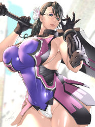 Rule 34 | 1girl, black hair, breasts, cameltoe, cattleya (queen&#039;s blade), cattleya (queen&#039;s blade) (cosplay), chouzuki maryou, cosplay, curvy, glasses, green eyes, highres, huge breasts, kotoyoshi yumisuke, lipstick, looking at viewer, makeup, nipples, queen&#039;s blade, sideboob, solo, thick thighs, thighs