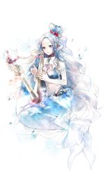 1girl air_bubble bare_arms bikini blue_hair bow bowtie bubble curly_hair fish flower forehead full_body grey_eyes hair_flower hair_ornament hair_rings harp highres instrument invisible_chair light_blue_hair long_hair looking_at_viewer mermaid monster_girl music navel original pale_skin parted_bangs parted_lips playing_instrument prin_dog seashell shell simple_background sitting solo swimsuit tail tail_bow tail_ornament white_background white_bow white_bowtie