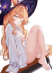 1girl ahoge animal_ear_fluff animal_ears bare_legs barefoot blue_archive blue_eyes blush breasts feet hairband hat highres long_hair long_sleeves looking_at_viewer mari_(blue_archive) muaa_(muamua231) naked_shirt no_bra one_eye_closed shirt sitting sleeves_past_fingers sleeves_past_wrists soles solo star_(symbol) toes very_long_hair white_shirt witch_hat