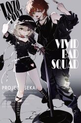 Rule 34 | 1boy, 1girl, absurdres, azusawa kohane, baseball cap, black choker, black footwear, black hat, black jacket, black pants, black shirt, black skirt, blonde hair, boots, choker, dress, full body, green eyes, hat, highres, holding, holding microphone, jacket, jihecchi, long sleeves, looking at viewer, microphone, microphone stand, middle finger, multicolored hair, open mouth, orange hair, pants, project sekai, shinonome akito, shirt, short twintails, skirt, sleeveless, sleeveless dress, streaked hair, twintails, yellow eyes, zozotown