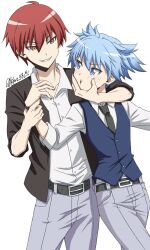 2boys :t akabane_karma ansatsu_kyoushitsu arm_around_shoulder belt black_belt black_cardigan black_necktie blue_eyes blue_hair blue_vest blush bracelet cardigan cheek_squash collarbone collared_shirt cowboy_shot grabbing_another&#039;s_chin grey_pants grin hand_on_another&#039;s_chin highres holding_another&#039;s_wrist jewelry kbut_53 kunugigaoka_middle_school_uniform looking_at_another male_focus multiple_boys necktie open_mouth pants red_hair school_uniform shiota_nagisa shirt short_twintails simple_background sleeves_rolled_up smile twintails twitter_username v-shaped_eyebrows vest white_background white_shirt yaoi yellow_eyes