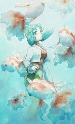 1girl asuka_rkgk bike_shorts closed_mouth cropped_jacket fish flipped_hair gen_1_pokemon goldeen green_hair green_headwear hat jacket kris_(pokemon) long_hair long_sleeves nintendo open_clothes open_jacket pokemon pokemon_(creature) pokemon_gsc red_shirt shirt twintails underwater white_jacket