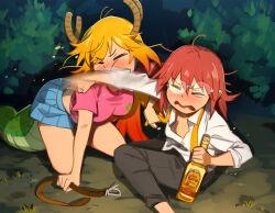 Rule 34 | 2girls, barefoot, blonde hair, blue skirt, blush, bottle, closed eyes, domestic violence, dragon horns, dragon tail, glasses, grey pants, highres, holding, holding bottle, horns, jose cuervo, khyle., kobayashi-san chi no maidragon, kobayashi (maidragon), miniskirt, multiple girls, nose blush, pants, pink shirt, punching, red hair, shirt, sitting, skirt, tail, textless version, thighs, tohru (maidragon)