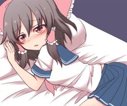 1girl bed black_hair blue_skirt blush bow female_focus hair_bow hair_tubes hakurei_reimu lying neckerchief on_bed pillow pleated_skirt red_bow red_eyes red_neckerchief school_uniform serafuku shiohachi skirt solo touhou
