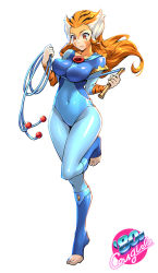 1980s_(style) 1girl absurdres bodysuit breasts covered_navel female_focus full_body genderswap genderswap_(mtf) highres large_breasts looking_at_viewer oldschool one3four! retro_artstyle simple_background solo sweatdrop tail thundercats toes tygra whip