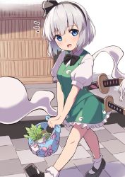 1girl black_hairband black_neckwear blue_eyes blush bob_cut breasts cloth frilled_skirt frills green_skirt green_vest hair_between_eyes hairband highres hitodama_print hiyaya_(kochi_michikaze) katana konpaku_youmu konpaku_youmu_(ghost) looking_at_viewer medium_breasts open_mouth puffy_short_sleeves puffy_sleeves radish scabbard sheath shirt short_hair short_sleeves silver_hair skirt solo stone_floor sword touhou vest weapon white_shirt