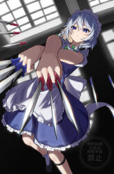 1girl absurdres apron beckody between_fingers blue_eyes bow braid closed_mouth commentary english_commentary green_bow grey_hair highres holding holding_knife izayoi_sakuya knife knives_between_fingers long_hair looking_at_viewer maid maid_headdress puffy_short_sleeves puffy_sleeves short_sleeves solo touhou twin_braids waist_apron watermark white_apron
